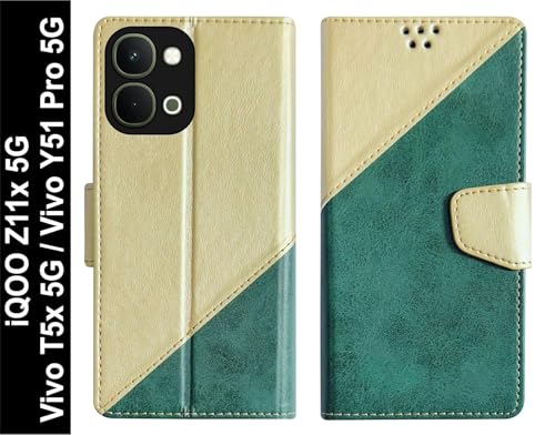 Image of Cover for Vivo T5x 5G / Y51 Pro 5G / iQOO Z11x 5G, Wallet Style, Leather Finish, Magnetic Closure, Inbuilt Stand, Card Pocket (Golden&Green)