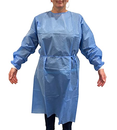 100-Pack Level 2 Disposable Isolation Gown Baluster Fully Closed Double Tie Neck and Waist, SMS 35g, Knitted Cuffs, Fluid Resistant, Blue, Unisex