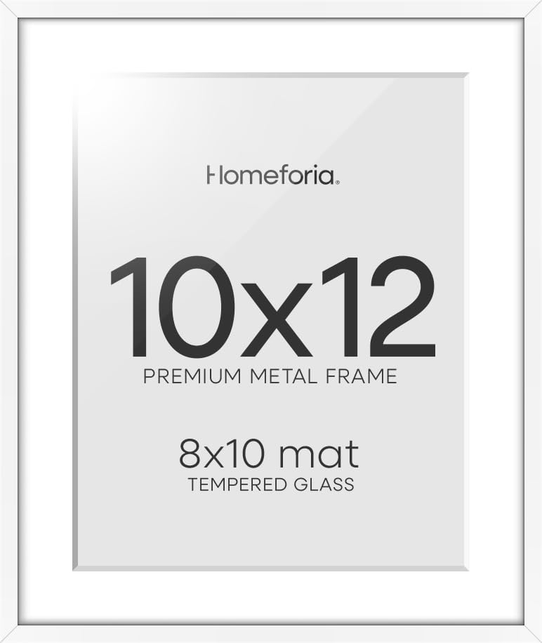 Image of Homeforia 10x12 White Picture Frame, High-End Metal, 8x10 Mat, Glass | High End Aluminum, Tempered Glass, Acid-Free 8x10 Removable Mat, 10x12 in Edge-to-Edge Display 12x10, Wall Kit, Set Of 1