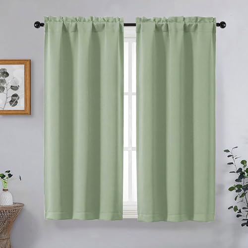 Image of Light Green Short Blackout Curtains for Bedroom 45 Inches Long 2 Panels Set, Solid Thermal Insulated Blackout Curtains, Energy Saving Soft Fabric Window Drapes, Dual Rod Pocket, 2x40Wx45L Inches