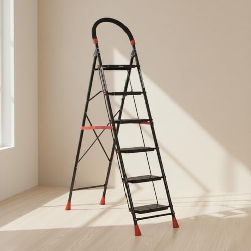 Image of FLIPZON Halo Foldable 6 Step Ladder for Home and Office Use | Alloy Steel | Wide Steps | Wobble-Free | Skid-Free Steps | Durable Safety Ladder | Rust Free | Anti-Skid (Black)