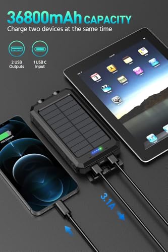 Power Bank,Solar Charger,36800mAh 5V3.1A QC 3.0 Dual 2 USB Port Built-in Powerful Flashlight IPX7(Black)