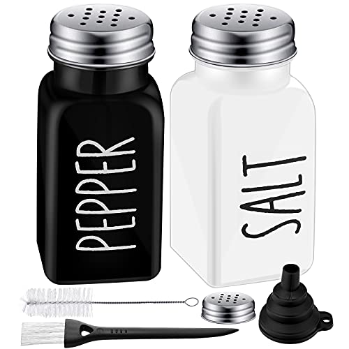 7 Stück Farmhouse Salz- und Pfefferstreuer schwarz und weiß Glas Pfefferstreuer mit Ersatz Edelstahl Deckel Mini Bürste Lange Reinigungsbürste Silikon Trichter zum Kochen Camping Picknick BBQ