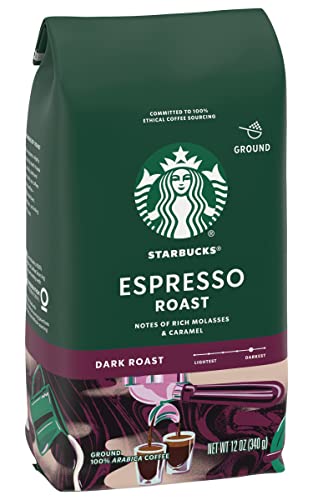 Image of Starbucks Ground Coffee, Espresso Roast, Dark Roast Coffee with Notes of Rich Molasses & Caramel, Ground 100% Arabica Coffee, 12-Ounce Bag (Pack of 3)