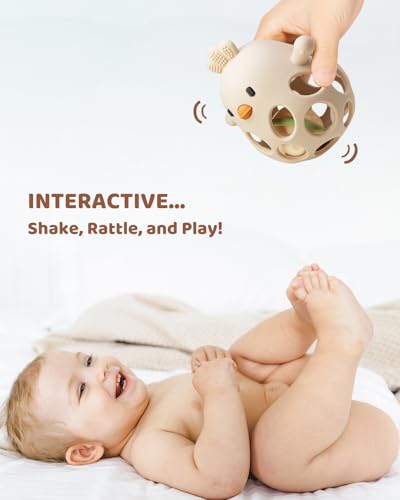 Image of Baby Teething Chick Toy, Upgraded Easy Grasp Silicone Teething Rattle Ball Toy for Babies Over 3 Months, 100% Food Grade, Gift for Infant Boys and Girls 0-6-12 Months (Beige)