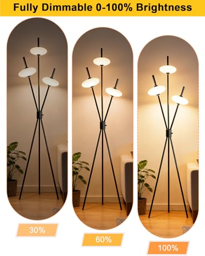 Image of Lightdot Tripod Floor Lamp Stepless Dimmable Black Standing Tall Lamps with 3PCS Elliptical Lampshades Mid Century Modern Floor Lamps for Living Room /Bedroom /Sofa Beside /Corner Decor