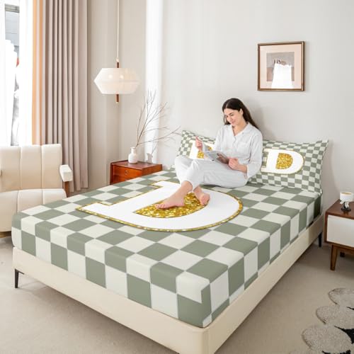 Image of Erosebridal Sage Green Checkered Bed Sheets Full Plaid Initial D Sheet Set Personalized Monogram Bedding Set for Kids Boys Girls,Fashion Grids Gingham Fitted Flat Sheets 4 Piece