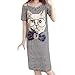 Harpily Damen Kurzarm Schulterfrei Pullover Katze Kleid, Frauen Lang Rundhals Lose Freizeit Kleider Pullover Katze Drucken Bluse Dress Mode Damen Kurzarm Schulterfrei Katze Aufkleber Kleid