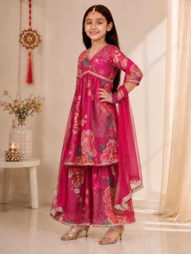 Image of Preneum Girls's Cotton Rayon Gota Pati Multi Floral Printed Angrakha Kurta with Sharara & Dupatta