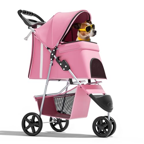 Magshion 3-Wheel Pet Stroller, Foldable Travel Jogger for Small & Medium Dogs & Cats (Up to 33lbs), Lightweight Carrier with Breathable Mesh Cover, Cup Holder & Storage Basket, Pink