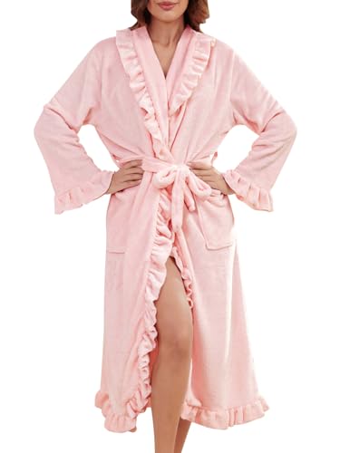 Women's Long Fleece Bathrobe Fluffy Warm Ruffle Bath Robe Loungewear (US, Alpha, Medium, Regular, Regular, Pink)