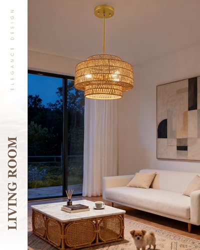 Image of 18 inch Boho Rattan Chandelier, Gold Finish, AD-25050-4P-GD | 4-Light 3-Tier Hand Woven Dining Room Light Fixture, Natural Brown Pendant Lights for Living Room Kitchen Island