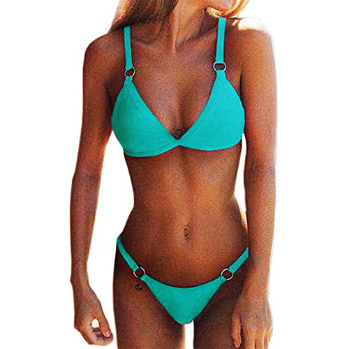 Bipily Maillot de Bain 2 Pièces Femme Halter Bikini Rembourré Bandoulière Réglable Connexion en Anneau Maillot de Bain Plage Eté Triangle Taille Basse Bas Bikini Bresilien Couleur Unie-Bleu Clair-L Cover