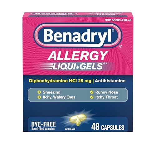 Benadryl Liqui-Gels Antihistamine Allergy Medicine & Cold Symptom Relief Dye-Free Liquid Gels with 25 mg of Diphenhydramine HCl for Symptoms Such As Runny Nose Sneezing & More 48 ct