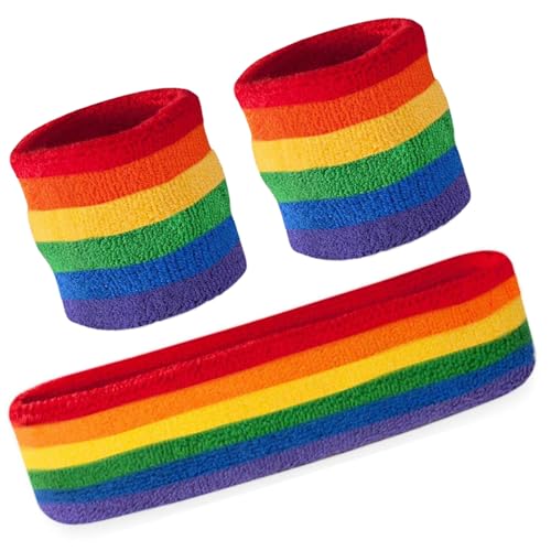 3PC Headband and Sweatband Rainbow Set – Rainbow Wristband and Exercise Accessories for Men and Women, Elastic and Comfortable, Perfect for and Sports Activities