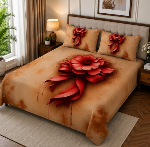 Image of 7D Digital Printed King Size Bedsheet with 2 Pillow Covers | Soft Premium Cotton Feel Microfiber Double Bed Bedsheet | Wrinkle Free & Fade Resistant | (RedBow, KingSize-225x250CM)