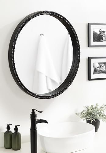 Kate and Laurel Stallworth Decorative Textured Round Mirror, 30 Inch Diameter, Black, Traditional Ornate Circle Mirror with Carved Detail Design for Bathroom Mirror for Over Sink