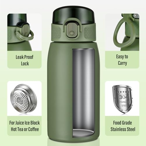 Image of Insulated Water Bottle 12 oz with Dustproof Lid, Carry Handle & Tea Infuser, BPA-Free & Leakproof, Stainless Steel Water Bottles Ideal for Fitness, Hiking, Office & Outdoor Use (Olive Green )