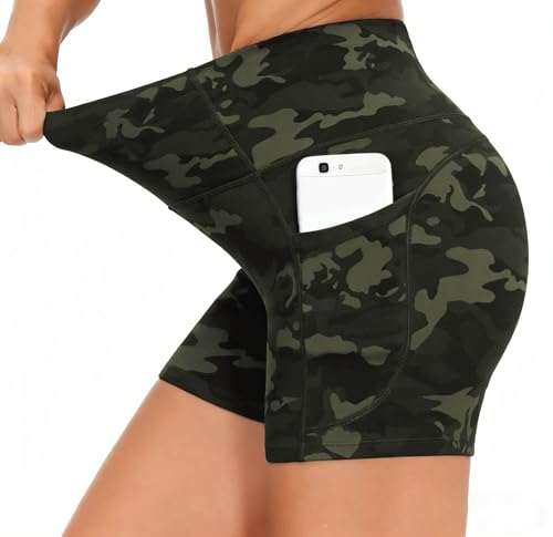 Image of THE GYM PEOPLE High Waist Yoga Shorts for Women's Tummy Control Fitness Athletic Workout Running Shorts with Deep Pockets