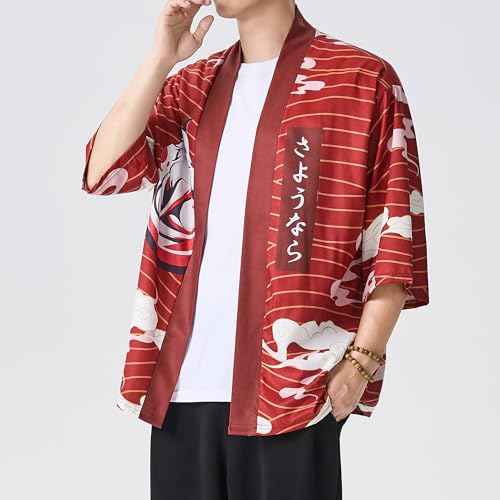 Image of PRIJOUHE Men's Lightweight Kimono Jacket Seven Sleeve Open Front Cardigan Coat Japanese Style Bathrobe