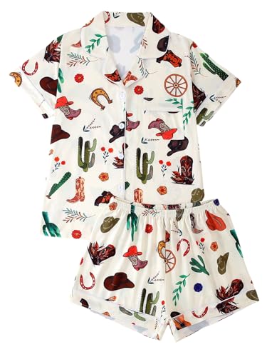 Women's 2 Piece Cowboy Boots Pajama Sets Sleepwear Short Sleeve Button Down Nightwear Lounge Sets