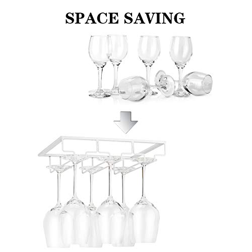 FOMANSH Wine Glass Rack - Under Cabinet Stemware Wine Glass Holder Glasses Storage Hanger 2 Pack Metal Organizer for Bar Kitchen White