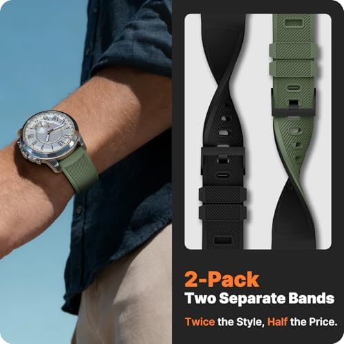 Fullmosa 2 Pack Silicone Watch Bands 20mm 22mm Quick Release Watch Straps for Men Women, Soft Rubber Replacement Band Compatible with Garmin Seiko Samsung Galaxy with Stainless Steel Buckle, Includes Spring Bar Tool,22mm,Black/Black-Army Green/Black Buckle - 2