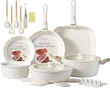COICUR Set de Poêles et Casseroles 23 pièces Poignée amovible non toxique, sans PFOA, compatible avec induction/gaz, empilable, lavable au lave vaisselle, Blanc crème