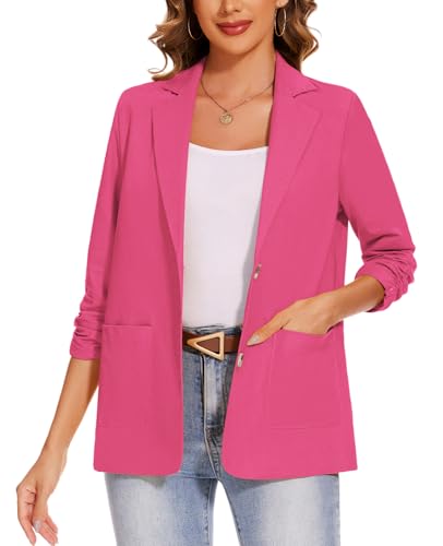 Image of MINTLIMIT Cotton Linen Blazer Jackets for Women 3/4 Ruched Sleeve Blazers Summer 2 Button with Pocket Outerwear Notched Lapel (Hot Pink, M)