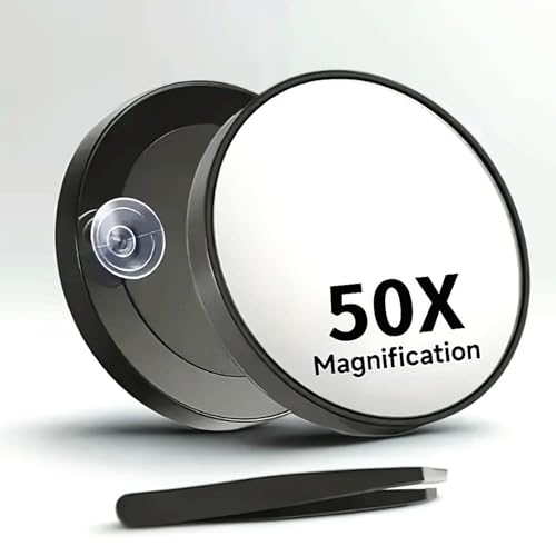 Image of 50X Magnifying Mirror, 8.8 * 8.8 * 2 CM Makeup Mirror with Precision Tweezers, Round Portable Mirror for Eyebrow Plucking, Blackhead Removal, Travel Grooming