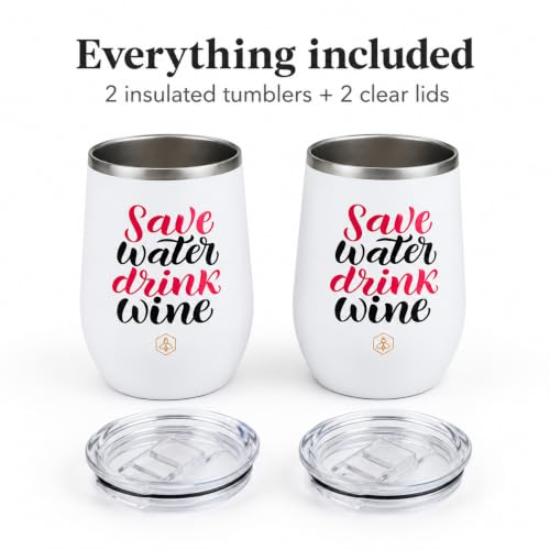 Image of Biddlebee Insulated Wine Tumblers with Lids, 2-Pack, Save Water Drink Wine | Stainless steel stemless glasses; hot or cold for hours; unbreakable outdoor and travel cups; funny gift for mom, bestie