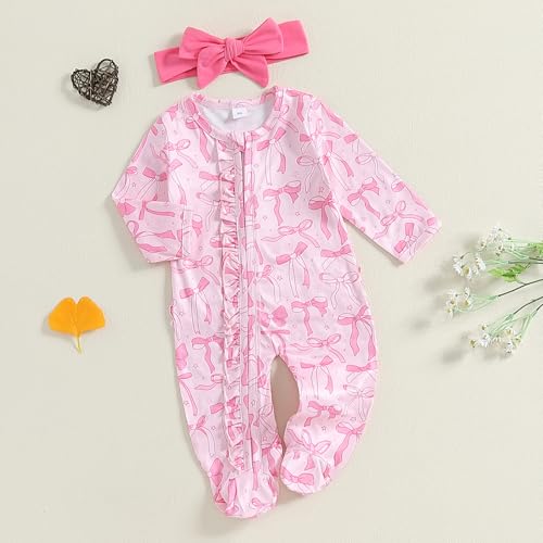 SAYOO Newborn Coming Home Outfit Baby Girl Zip Up Ruffle Frills Footie Romper Jumpsuit One-Piece Baby Play Hospital Clothes2