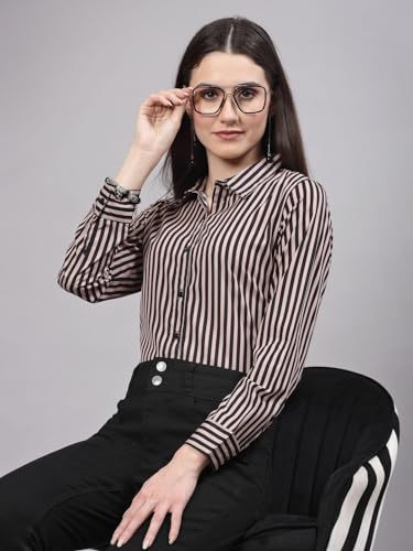 Image of Style Quotient Women Beige White Stripe Printed Formal Shirt