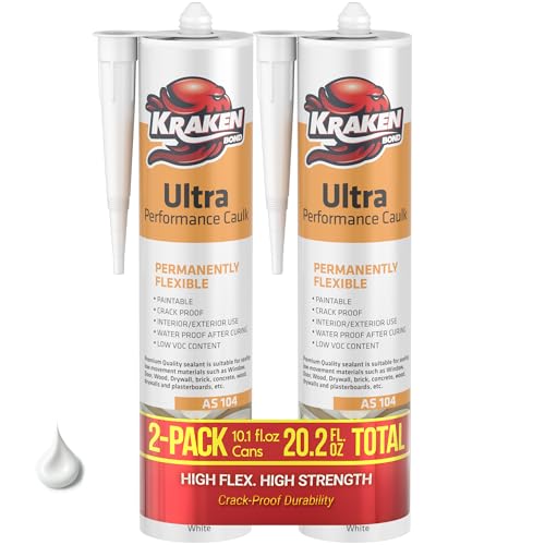 Kraken Bond Waterproof Acrylic Latex Caulk - (2x10.1 fl. oz) Window & Door Sealant, Ultra Performance White Paintable Caulk for Brick, Concrete, Wood, Crack Filler, Interior & Exterior | 2 Pack