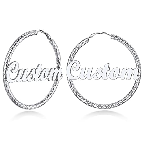 Custom4U Bamboo Hoop Earrings for Women Gold/Silver/Black Large Name Earrings Personalized - Hypoallergenic Lightweight Big Thick Hoops 30/40/50/60/70/80mm - Custom Made Birthday Christmas G