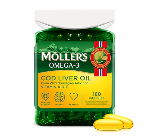 Möller’s ® | Cápsulas de aceite de hígado de bacalao | Ácidos grasos Omega-3 DHA y EPA, con vitaminas A, D y E | Sistema inmune, función cardíaca, función cerebral y visión | 160 cápsulas