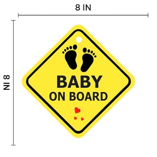 Image of Baby on Board Car Hanging Sign - Newborn Safety Sign for Rear Windshield with Suction Cup, 300 GSM Laminated Board, 20.32 cm, Yellow (Pack of 1, 20.32 x 20.32 cm),Double Side Printed