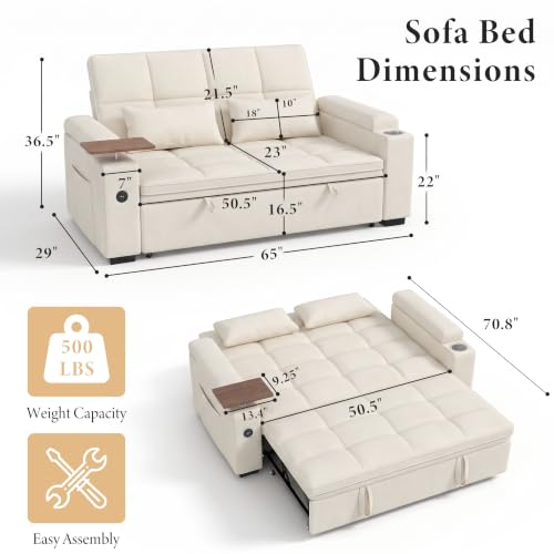 Image of Dreamzie 65'' Convertible Sleeper Sofa Bed with Swivel Side Table, Chenille Pull Out Couch for Living Room, Loveseat Sleeper Couch with Hidden Storage Space | Charging Port | Cup Holders, Off White