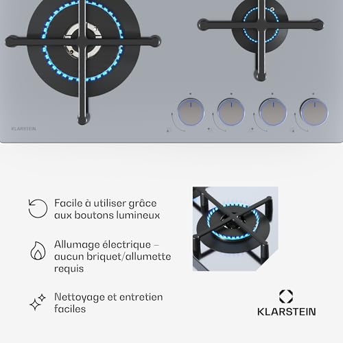 Klarstein Illuminosa Plaque de cuisson gaz 4 feux brûleurs Sabaf Table de cuisson à gaz en acier inoxydable - vue 5