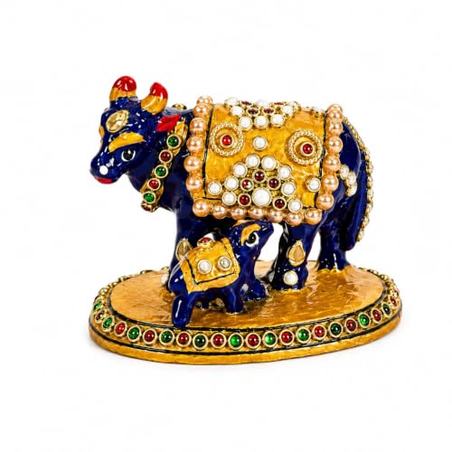 Image of eCraftIndia Handcrafted Cow and Calf Showpiece for Home Decor | Traditional Kamdhenu Cow Figurine with Stone & Pearl Work | Decorative Tabletop Statue for Living Room, Office & Gift