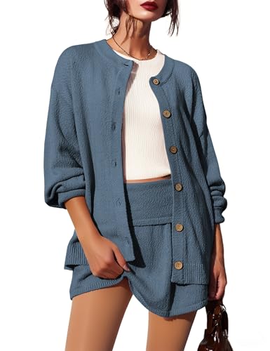 Image of Womens Sweater Set 2 Piece Long Sleeve Mini Skirt Set Button Down Cardigan and Skort Sets Matching Sets
