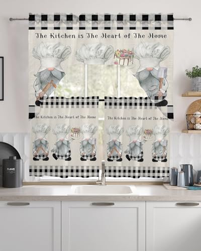 Chef Gnomes Swag Kitchen Curtain Sets with Valance,3 Pieces Rod Pocket Curtain Drapes for Bedroom Living Room Bathroom Cafe Windows,Black White Plaid Cake Dessert Cooking 56''x36''&36''x27.5''x2Panels
