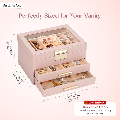 Image of Birch & Co. Jewellery Box - 3 Layer Jewellery organizer storage box, Portable Travel-Friendly Storage. Elegant Super Premium Storage Case for Rings, Earrings, Necklaces & Bracelets, Blush