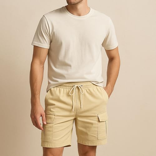 JEShifangjiusu Mens Cotton Drawstring Stretch Cargo Short Big and Tall Work Shorts Waist Knee Length Casual Shorts2