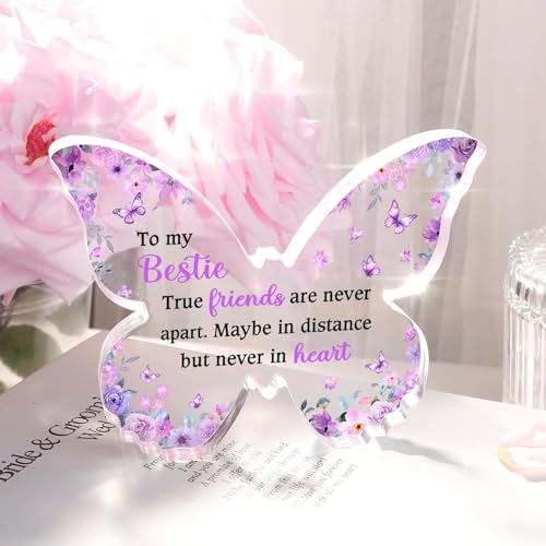 Image of Gifzy Bestie Best Friend Friendship Gifts for Women, Unique Purple Butterfly Acrylic Plaque Desk Decor, Bestie Best Friend Birthday Gifts for Women Friendship for Bff Bestfriend, 5 x 5 x 0.5 inches