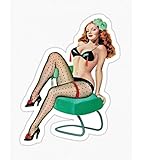  hotrodspirit - Mini Sticker pin up rousse sous Vetement Noir sur Chaise Verte Style année 50 Retro