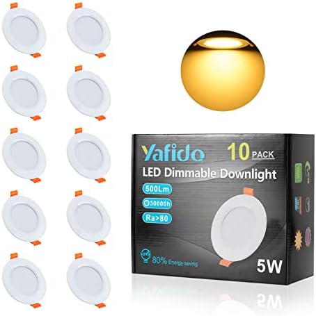 Yafido 10pcs Dimmable LED Recessed Ceiling Light IP44 5W Downlights 500LM 230V 3000K Warm Light Ultra-Thin Round Aluminum Alloy Recessed Lights for Kitchen Ceiling