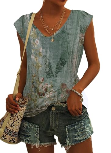 NARRAME T-Shirt Oversize à Manches Courtes pour Femme - Débardeur d'été - Haut Ample - Col en V Grande Taille À Fleurs Vert Rose XXX-Large 3XL 54-56