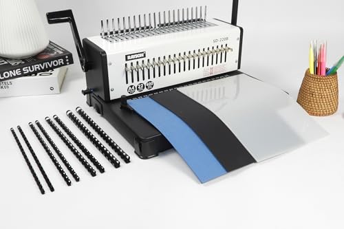 RAYSON Kammbinde-Set, 40 Binderücken (6, 8, 10, 12 mm), 20 Transparente Kunststoffeinband (150 Mikron), 10 Schwarze und 10 Blaue Deckblätter mit Ledertextur