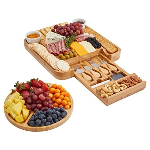 JumblWare Bamboo Cheese Board & Fruit Platter. Charcuterie Combo Includes Wooden Cheese & Meat Server with Knife Set, Serving Tray, Ceramic Bowls, Slate Labels & Chalk. Unique Gift for Women & Men Cover